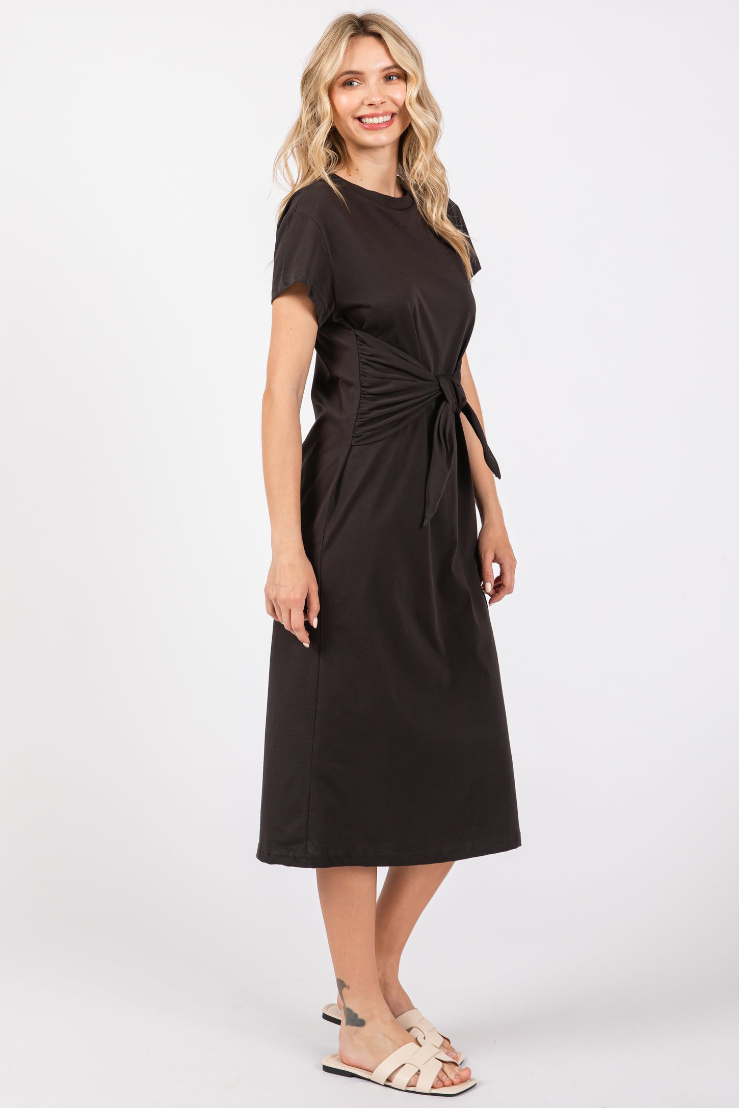 midi v neck black tie dress Black Tie Front Round Neck Kni Midi Dress – PinkBlush
