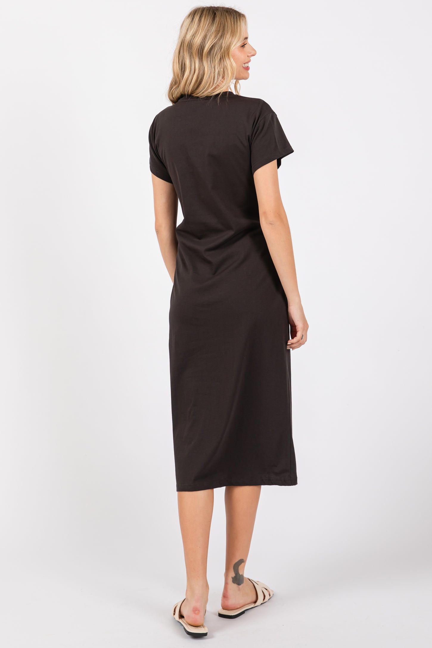 midi v neck black tie dress Black Tie Front Round Neck Kni Midi Dress – PinkBlush