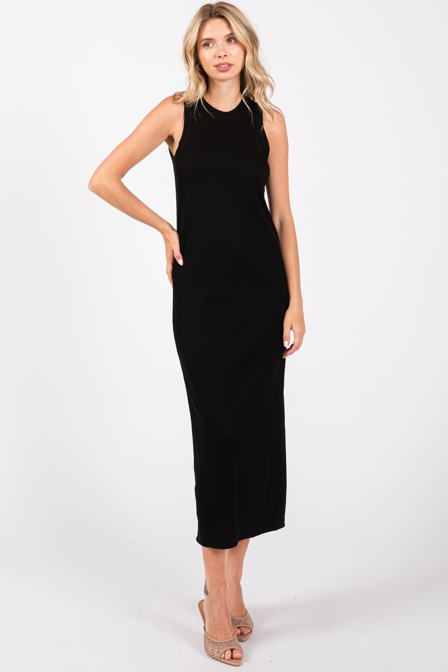 Black Ribbed Knit Sleeveless Dress PinkBlush Black Ribbed Knit Sleeveless Dress PinkBlush