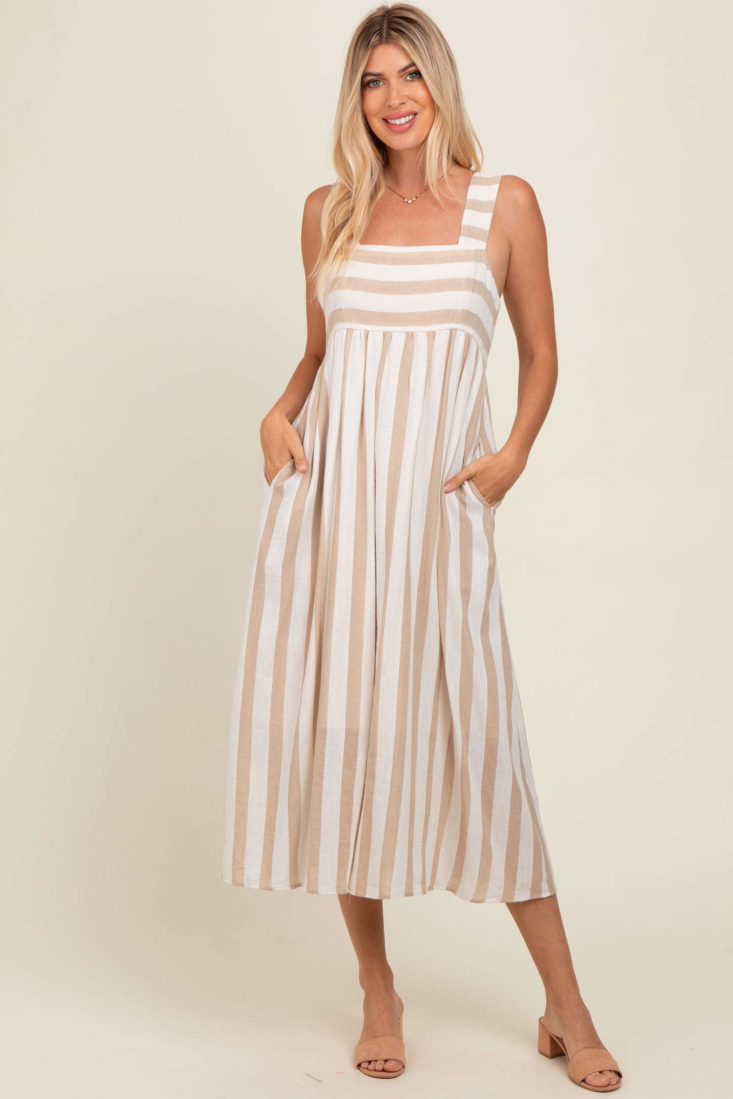 wide strap dress midi Women's Plus Wide Strap Sleeveless Scoop Tie-Front Midi A-Line Dress