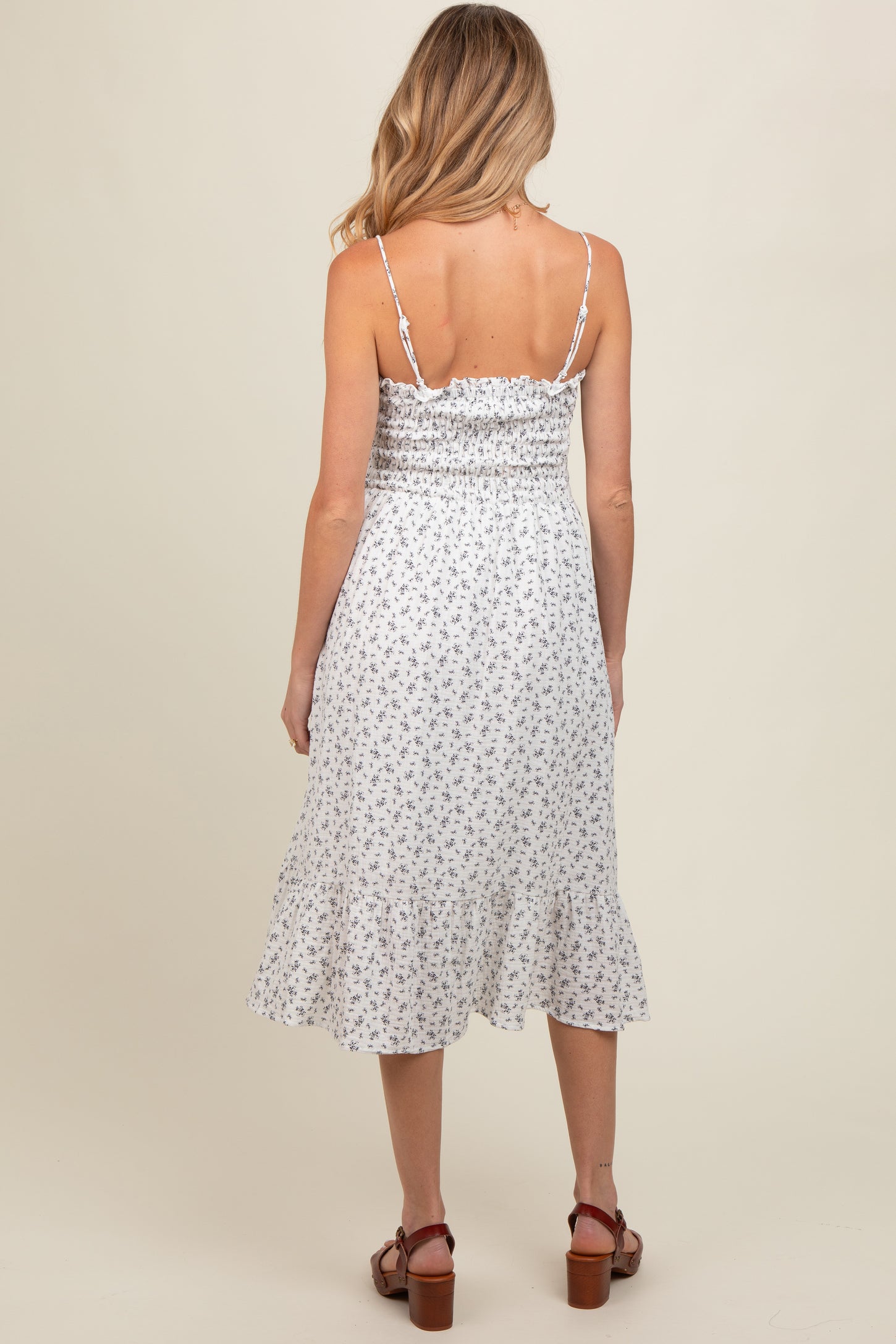 White Floral Smocked Sleeveless Maternity Midi Dress