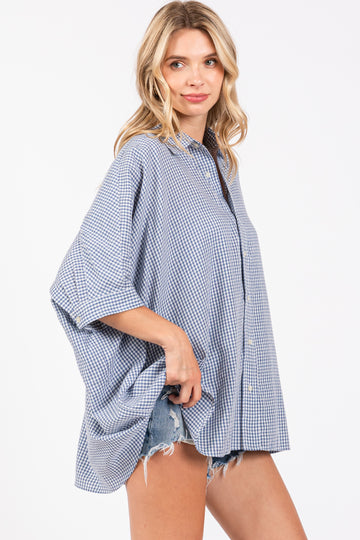 Blue Checkered Oversized Button Down Shirt
