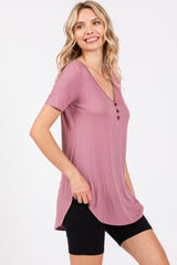 Mauve Ribbed Short Sleeve Button Detail Top