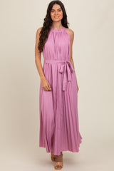 Pink Pleated Empire Tied Waist Maternity Midi Dress