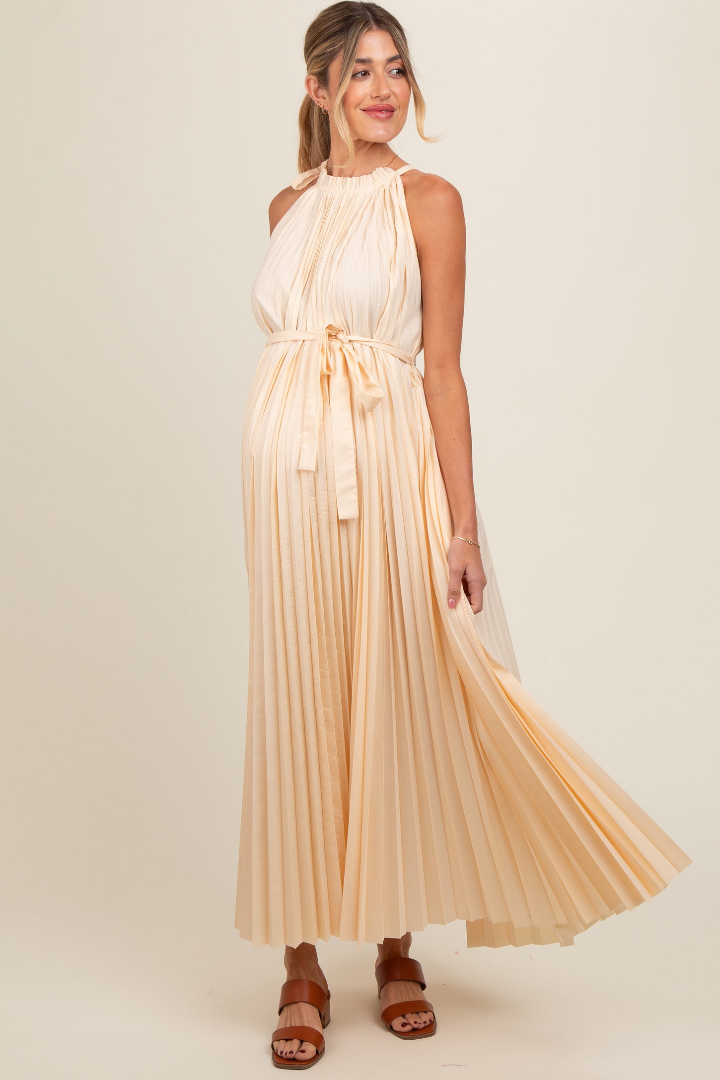 Cream Pleated Empire Tied Waist Maternity Midi Dress PinkBlush Cream Pleated Empire Tied Waist Maternity Midi Dress PinkBlush