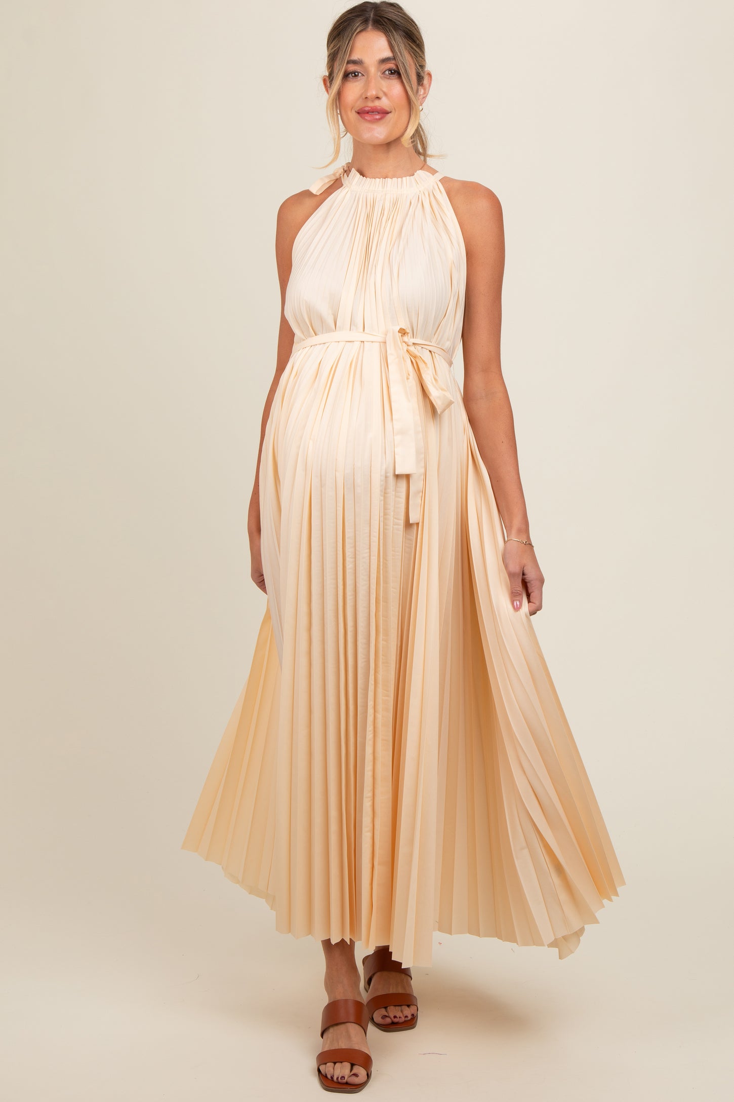 Cream Pleated Empire Tied Waist Maternity Midi Dress PinkBlush Cream Pleated Empire Tied Waist Maternity Midi Dress PinkBlush