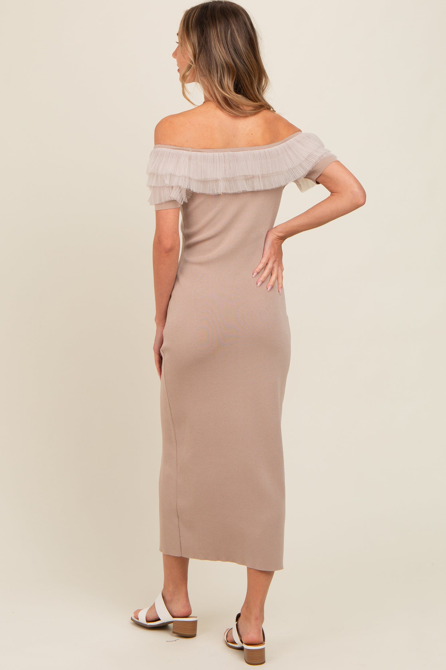 Beige Tulle Ruffle Off Shoulder Sweater Midi Dress – PinkBlush