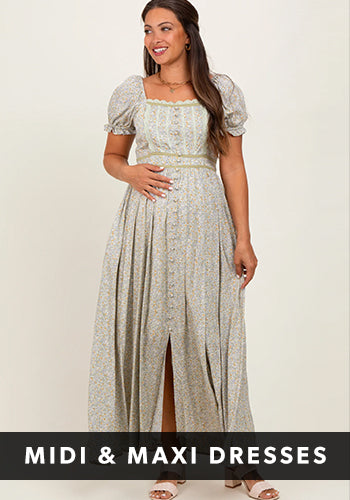 Mint Textured Square Neck Puff Sleeve Maternity Midi Dress