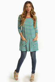 Teal Striped Pocket Front 3/4 Sleeve Tunic