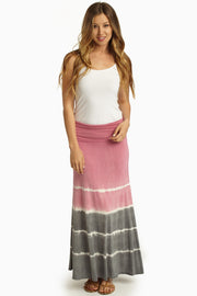 Pink Grey Tie Dye Print Maxi Skirt