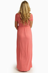 Pink Solid Short Sleeve Maxi Dress