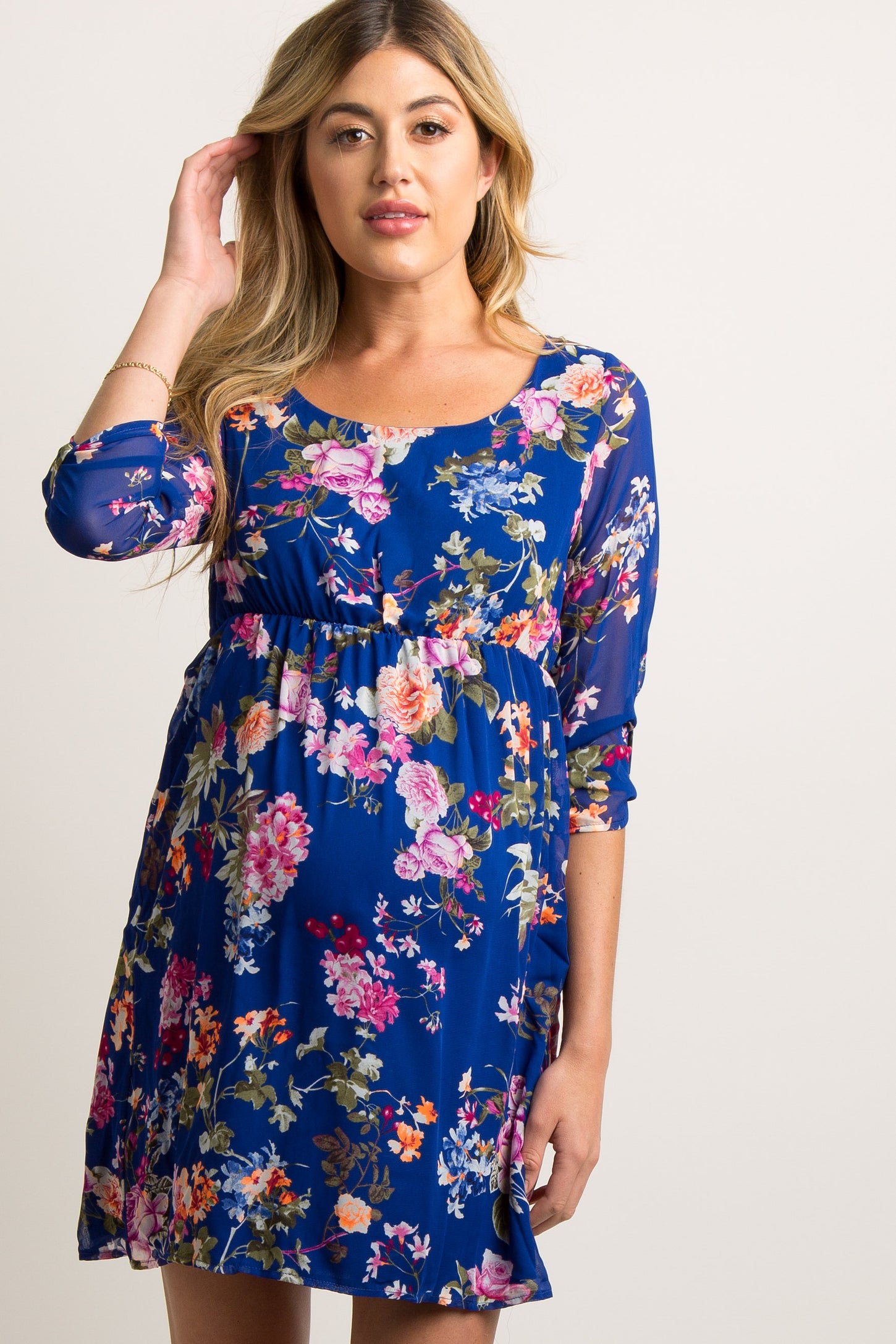 Royal Blue Floral 3/4 Sleeve Chiffon Maternity Dress– PinkBlush