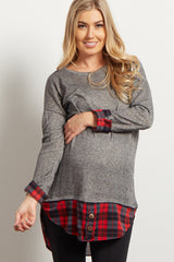 Charcoal Plaid Shirttail Maternity Top
