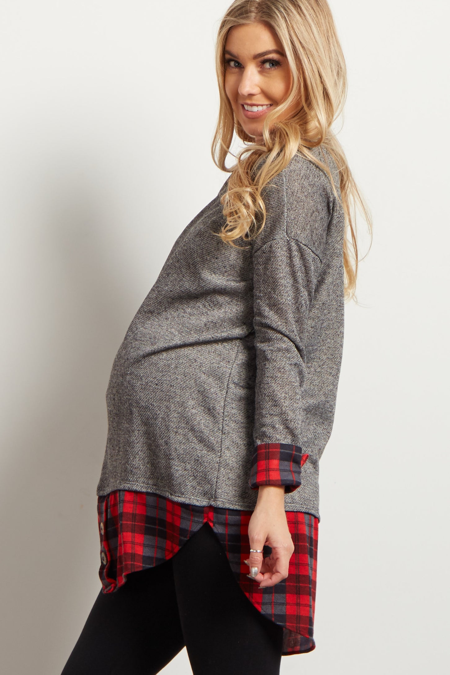 Charcoal Plaid Shirttail Maternity Top