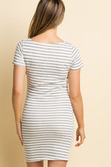 PinkBlush Ivory Grey Striped Fitted Short Sleeve Maternity Dress