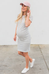 PinkBlush Ivory Grey Striped Fitted Short Sleeve Maternity Dress