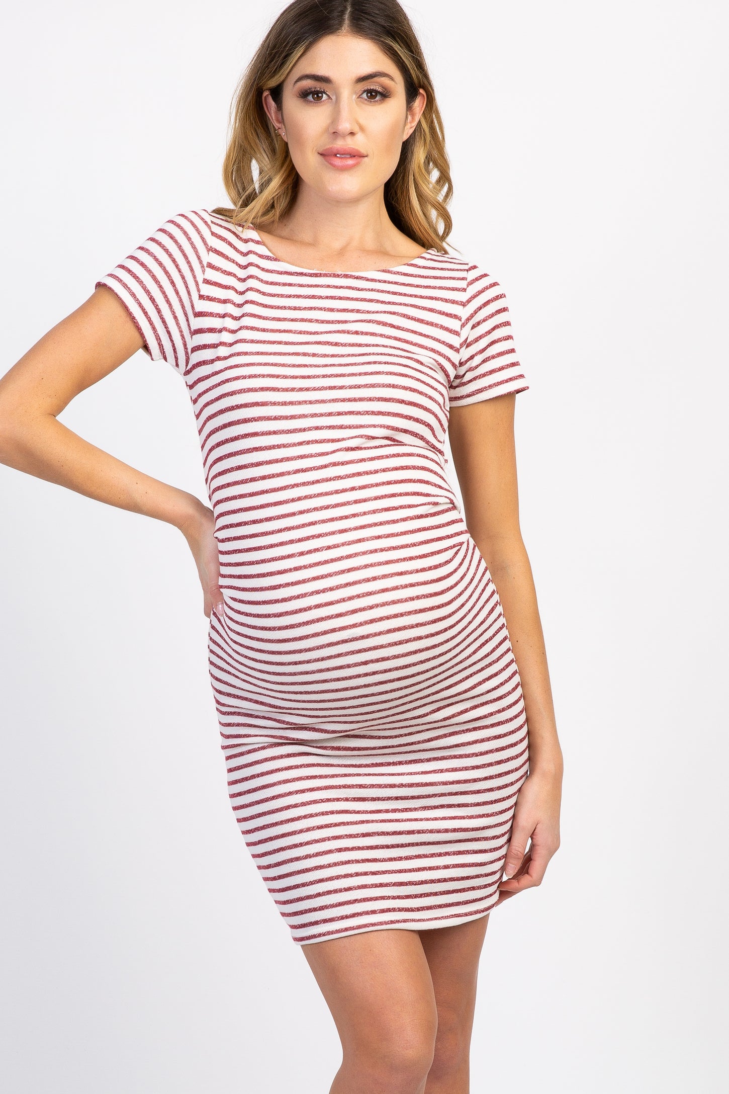 Ivory Burgundy Striped Fitted Short Sleeve Maternity Dress