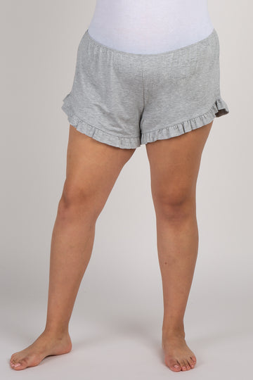 Grey Ruffled Trim Plus Pajama Shorts