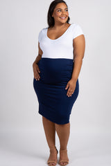 Navy Blue Fitted Plus Maternity Pencil Skirt