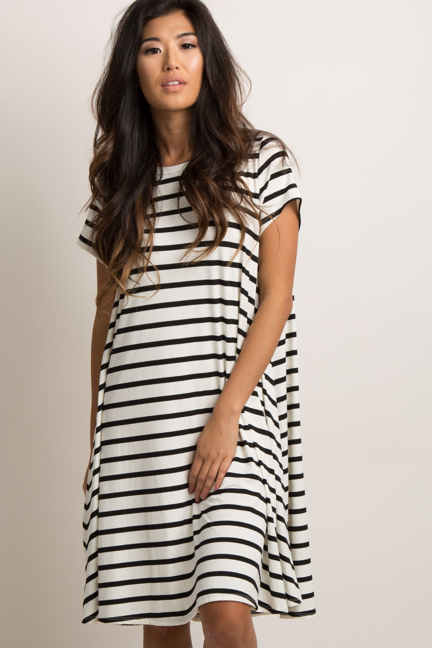 Black Striped Short Sleeve Maternity Dress