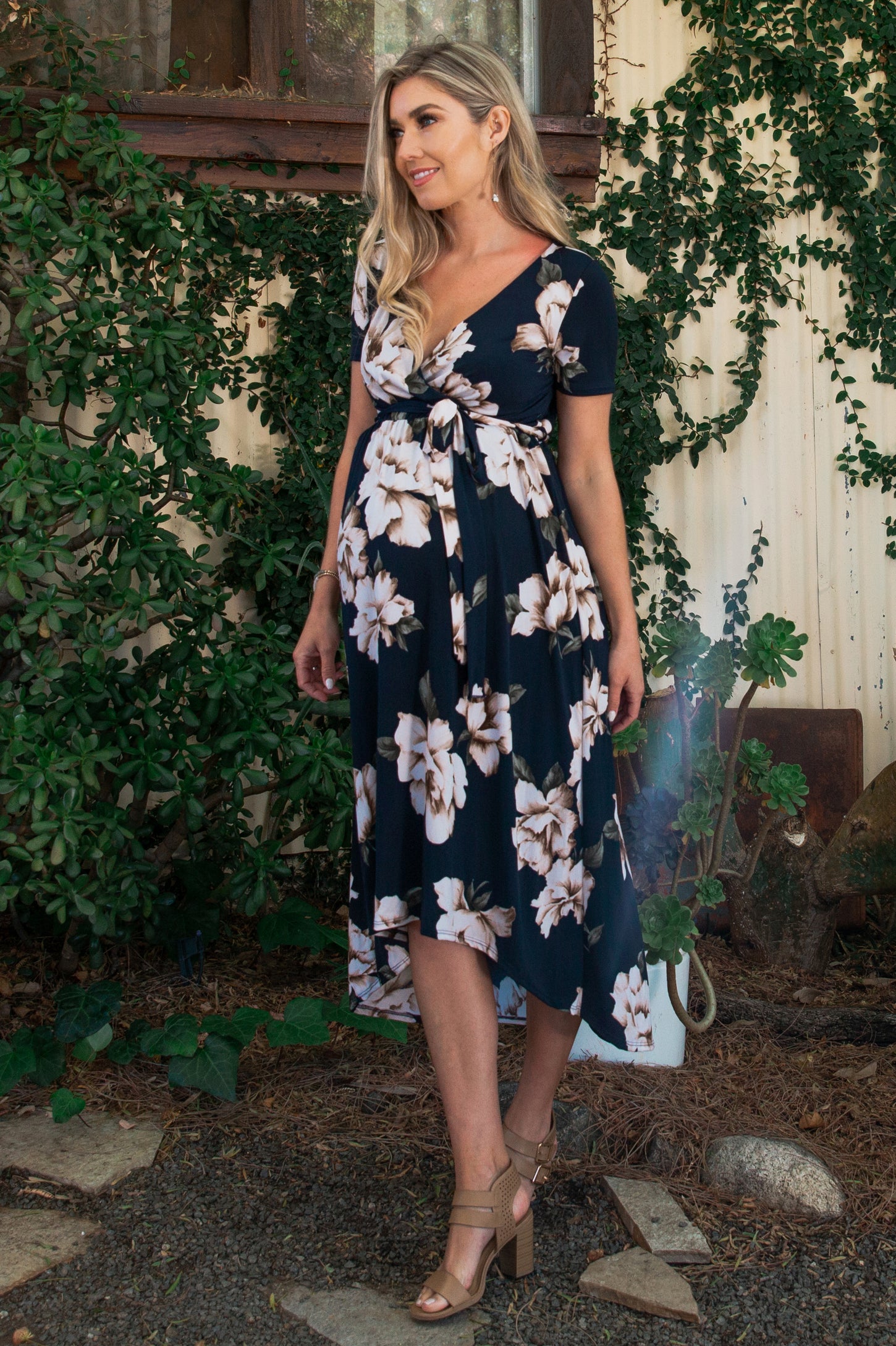 PinkBlush Navy Blue Floral Hi-Low Maternity Wrap Dress