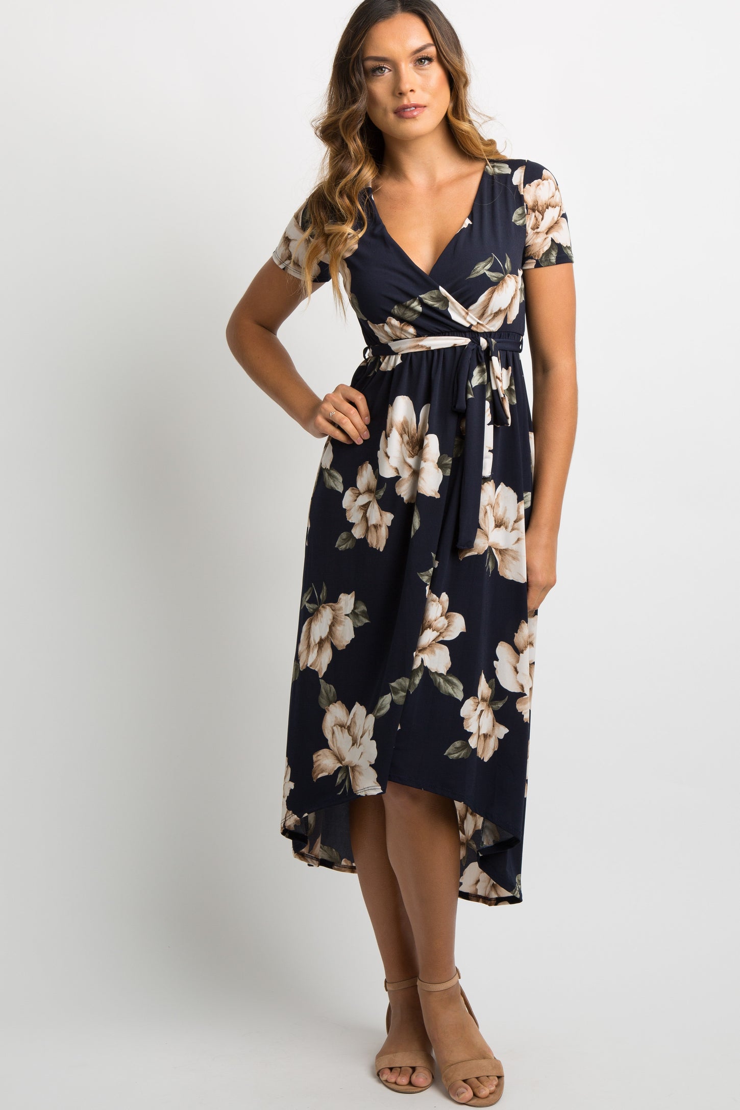pink blush navy floral dress PinkBlush Navy Blue Floral Hi-Low Maternity Wrap Dress