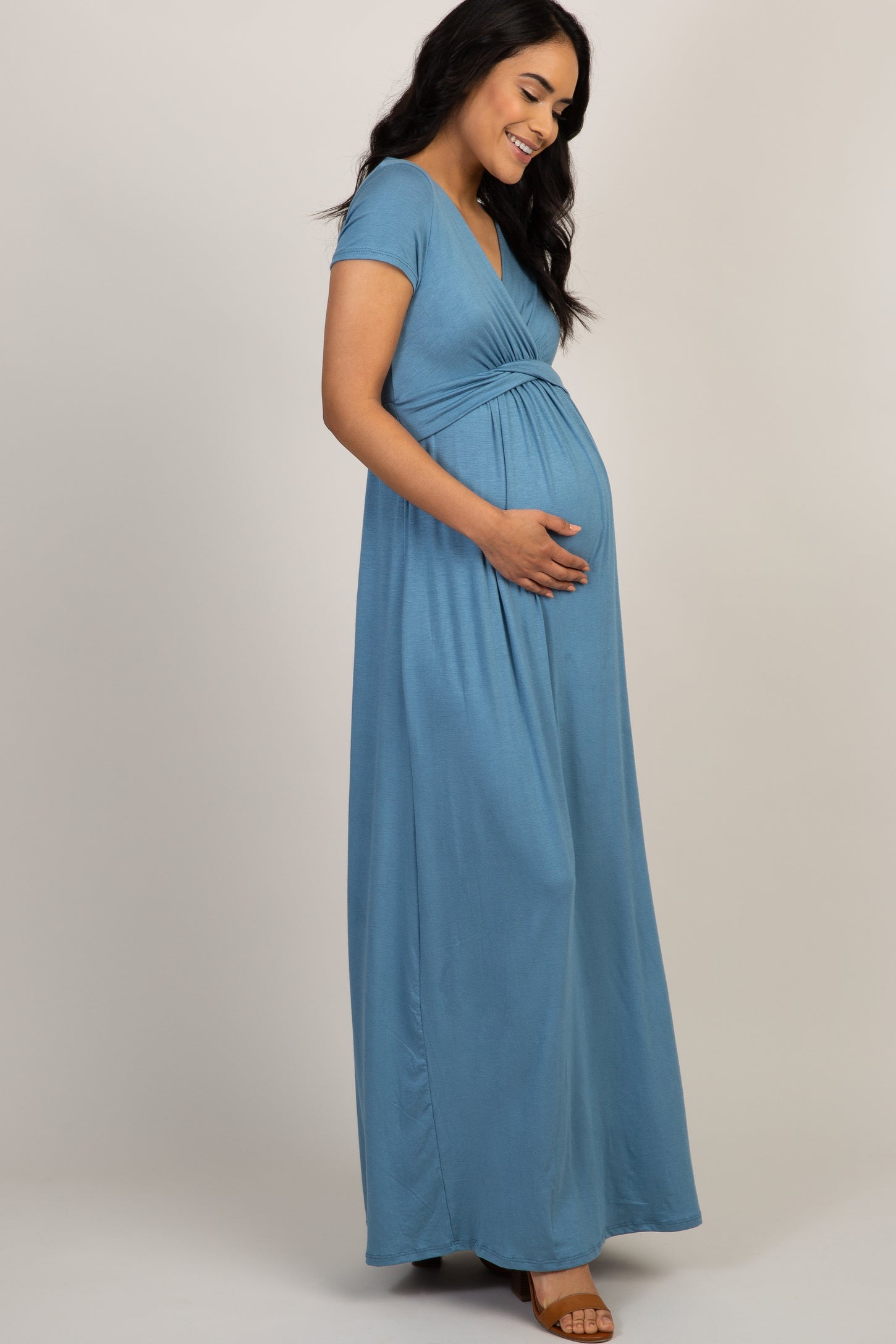 maternity petite maxi dress PinkBlush Petite Blue Solid Off Shoulder Maternity Maxi Dress