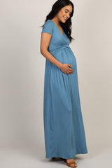 PinkBlush Petite Blue Draped Maternity/Nursing Maxi Dress
