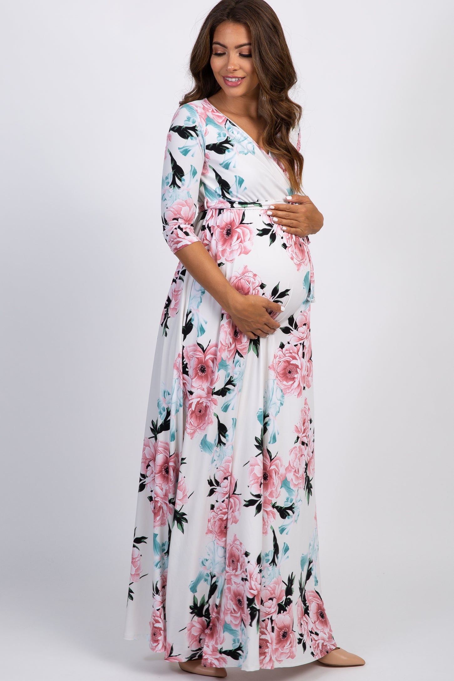 PinkBlush White Floral Sash Tie Maternity/Nursing Maxi Dress