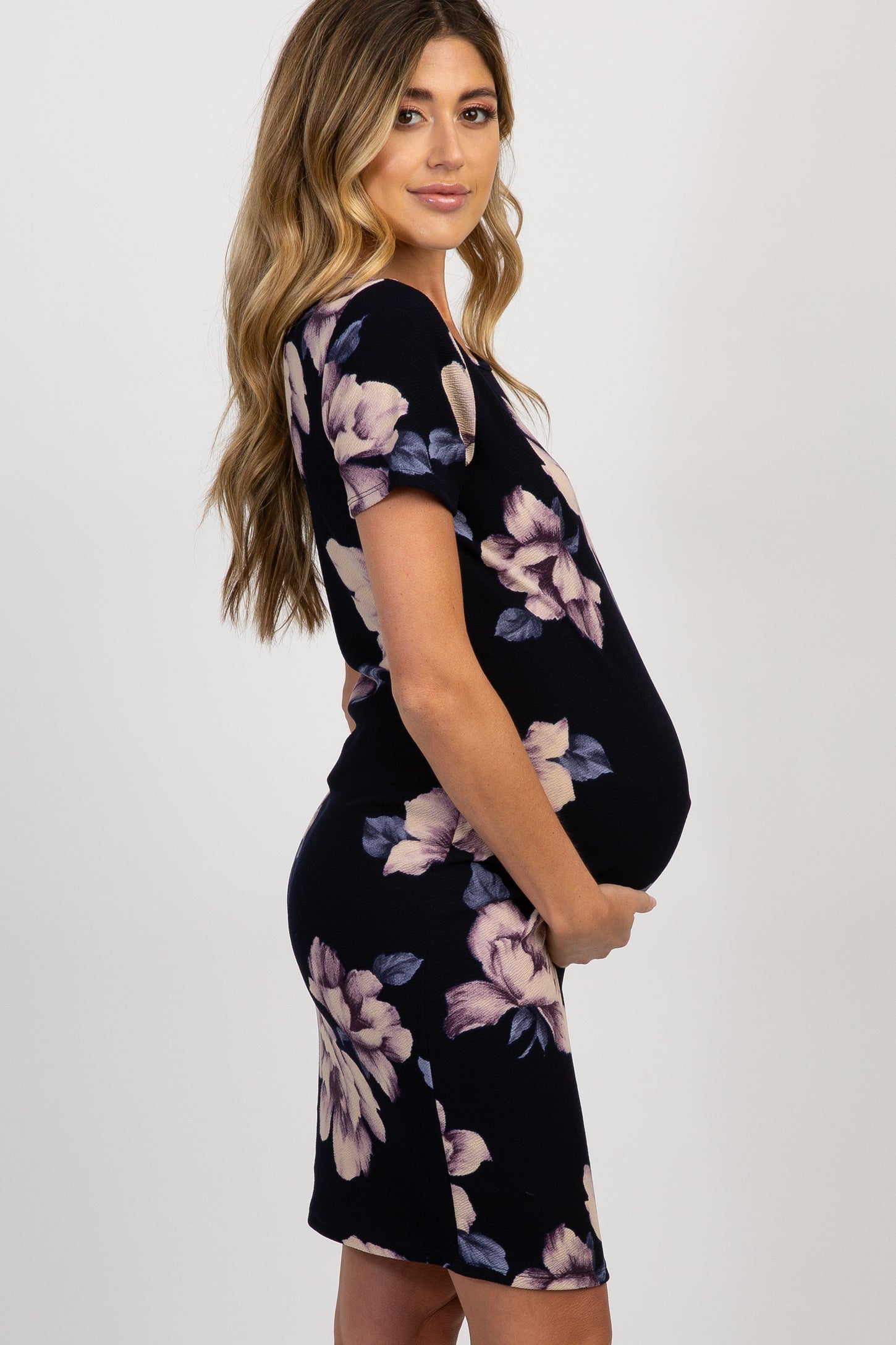 PinkBlush Navy Blue Watercolor Floral Fitted Maternity Dress