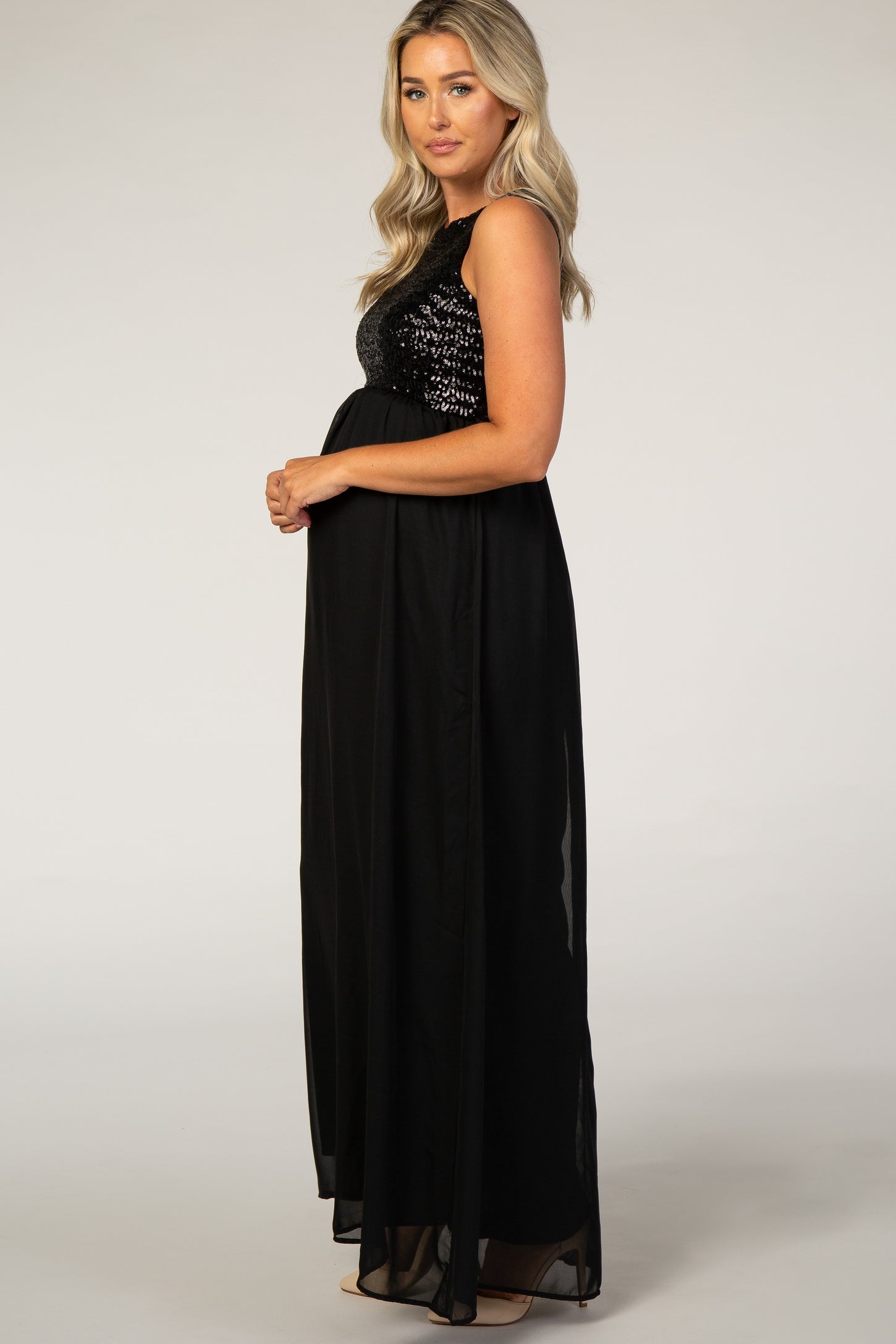 Black Sequin Top Chiffon Sleeveless Maternity Evening Gown