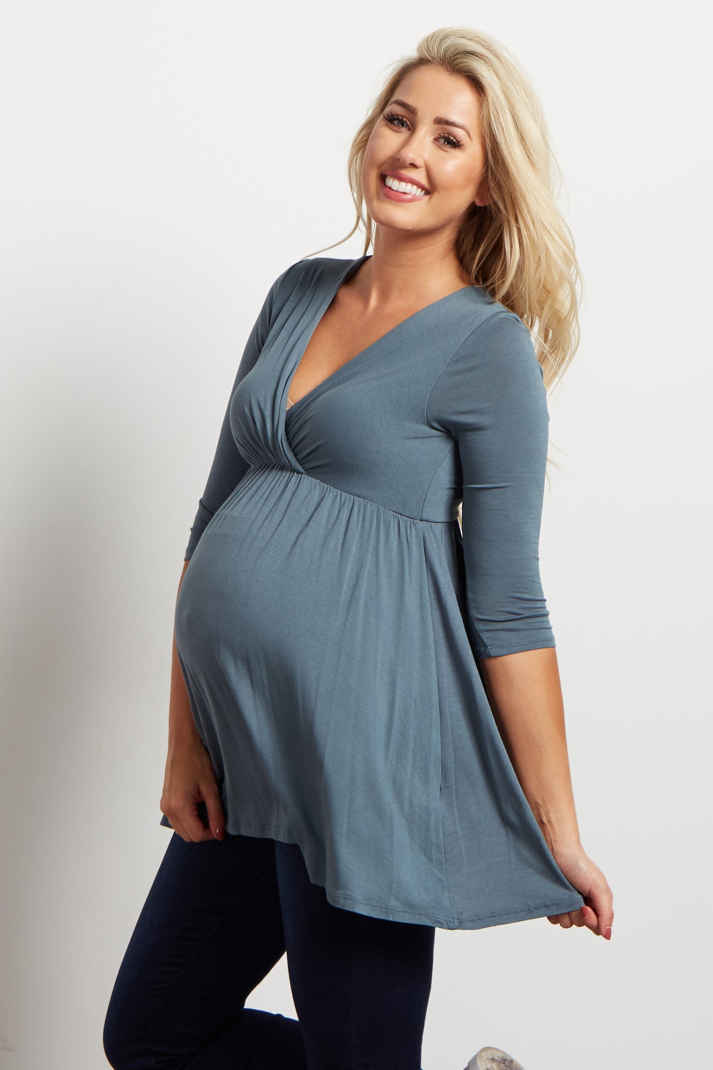 PinkBlush Slate Blue Draped Front 3/4 Sleeve Maternity/Nursing Top