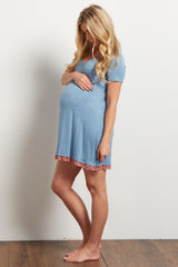 Blue Lace Trim V-Neck Maternity Sleep Dress