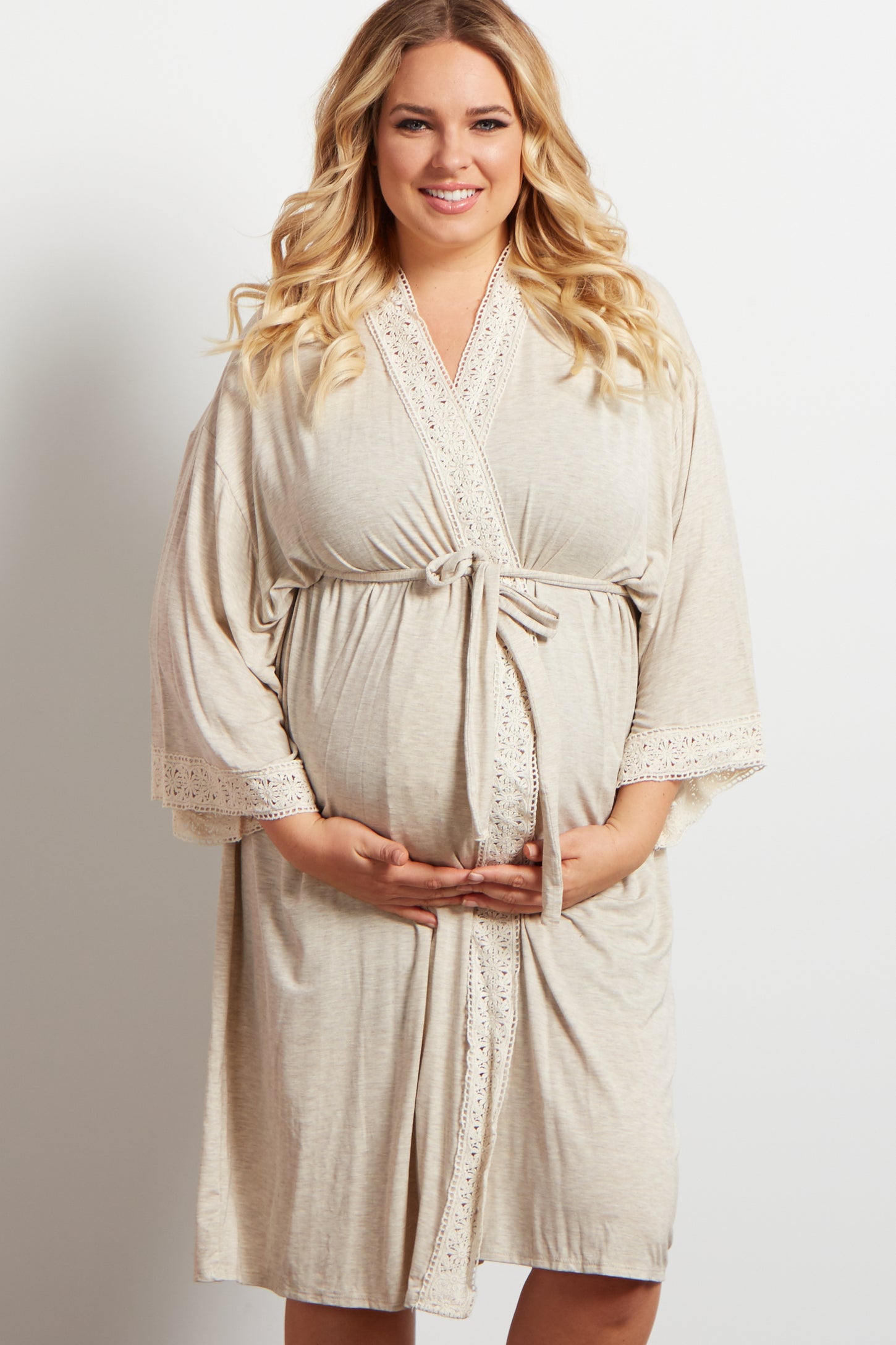 PinkBlush Ivory Crochet Trim Plus Delivery/Nursing Maternity Robe