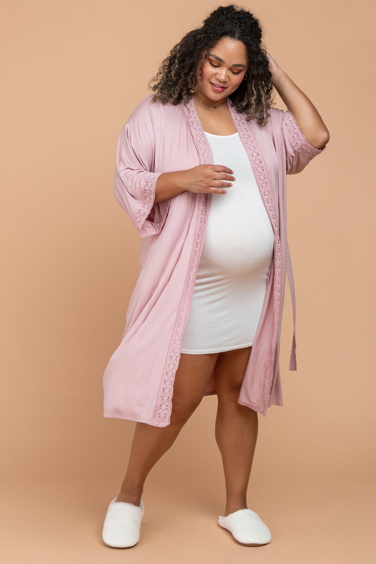 PinkBlush Grey Crochet Trim Maternity Delivery/Nursing Robe