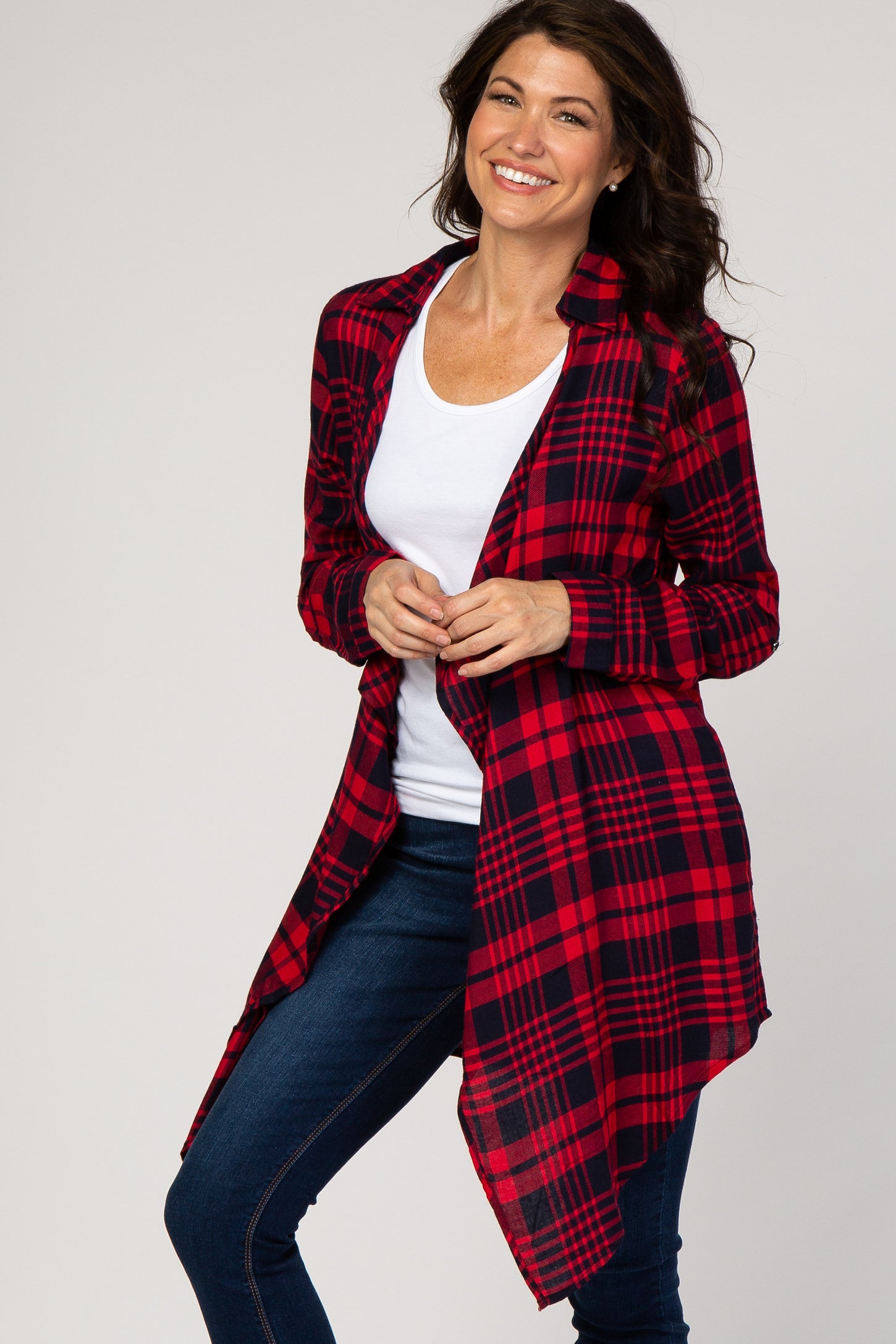 Red Flannel Crochet Accent Draped Maternity Cardigan