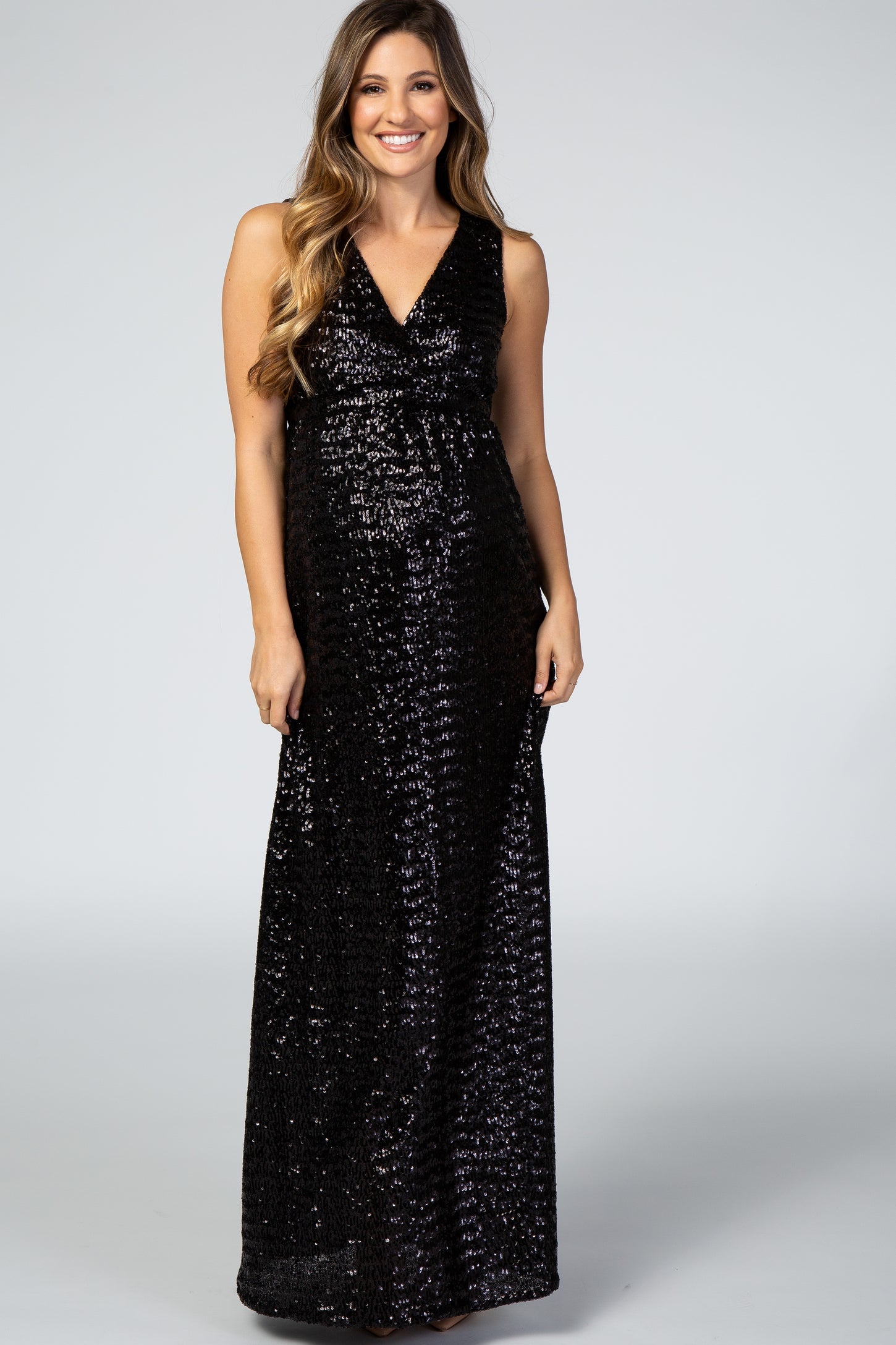Black Sequin V Neck Sleeveless Maternity Evening Gown PinkBlush Black Sequin V Neck Sleeveless Maternity Evening Gown PinkBlush