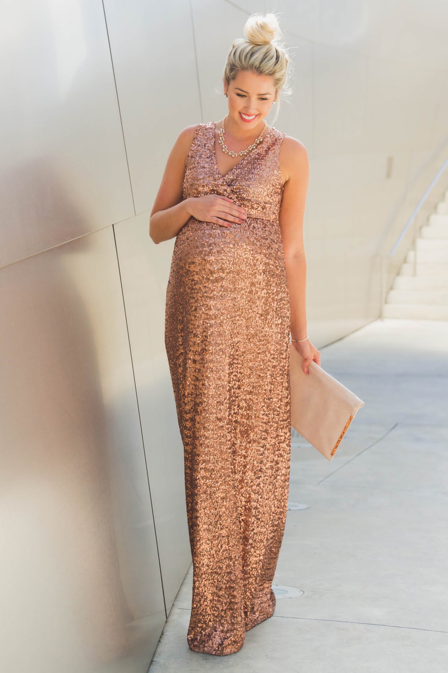 Gold Sequin V Neck Sleeveless Maternity Evening Gown– PinkBlush