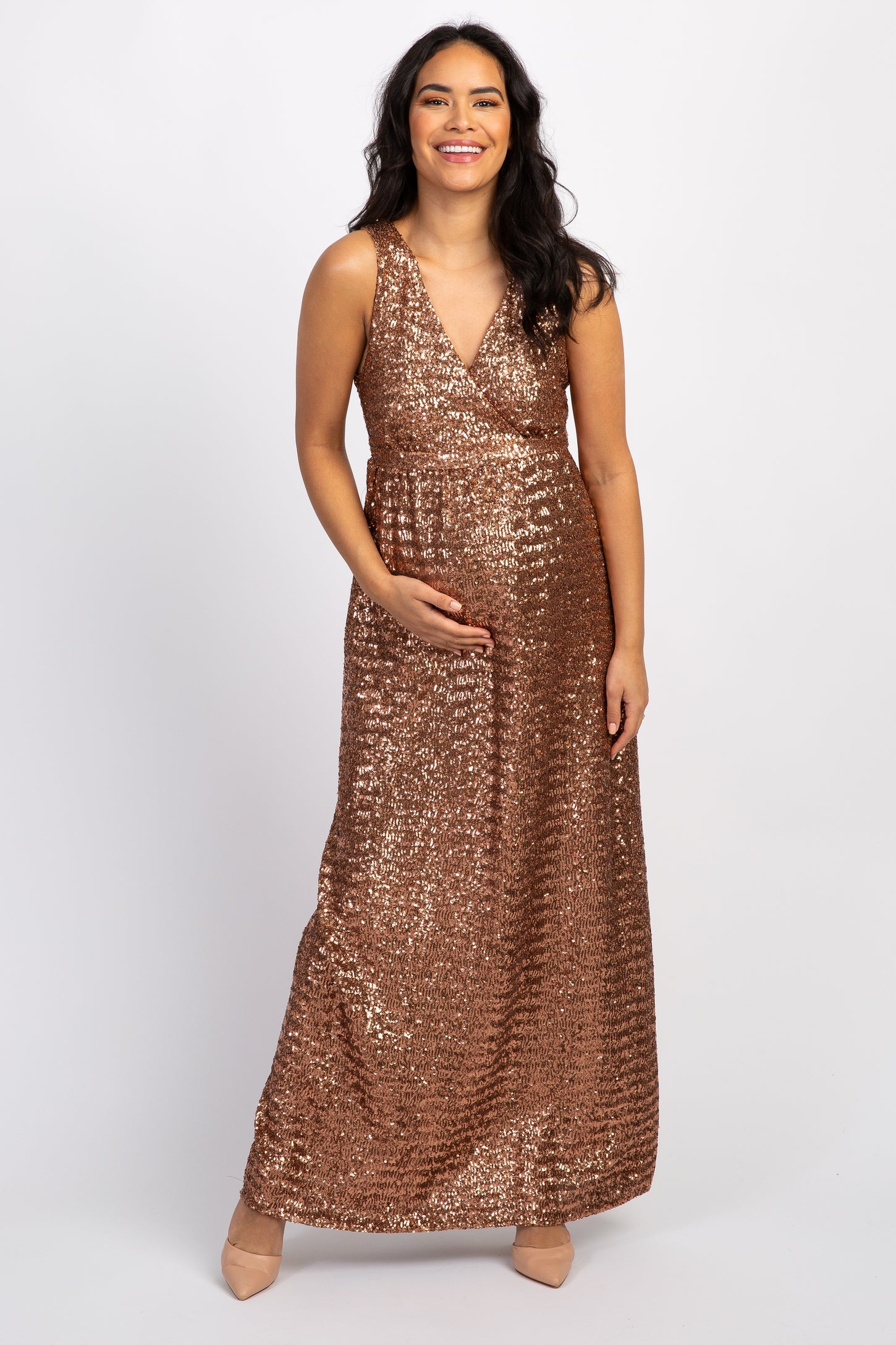 Gold Sequin V Neck Sleeveless Maternity Evening Gown– PinkBlush