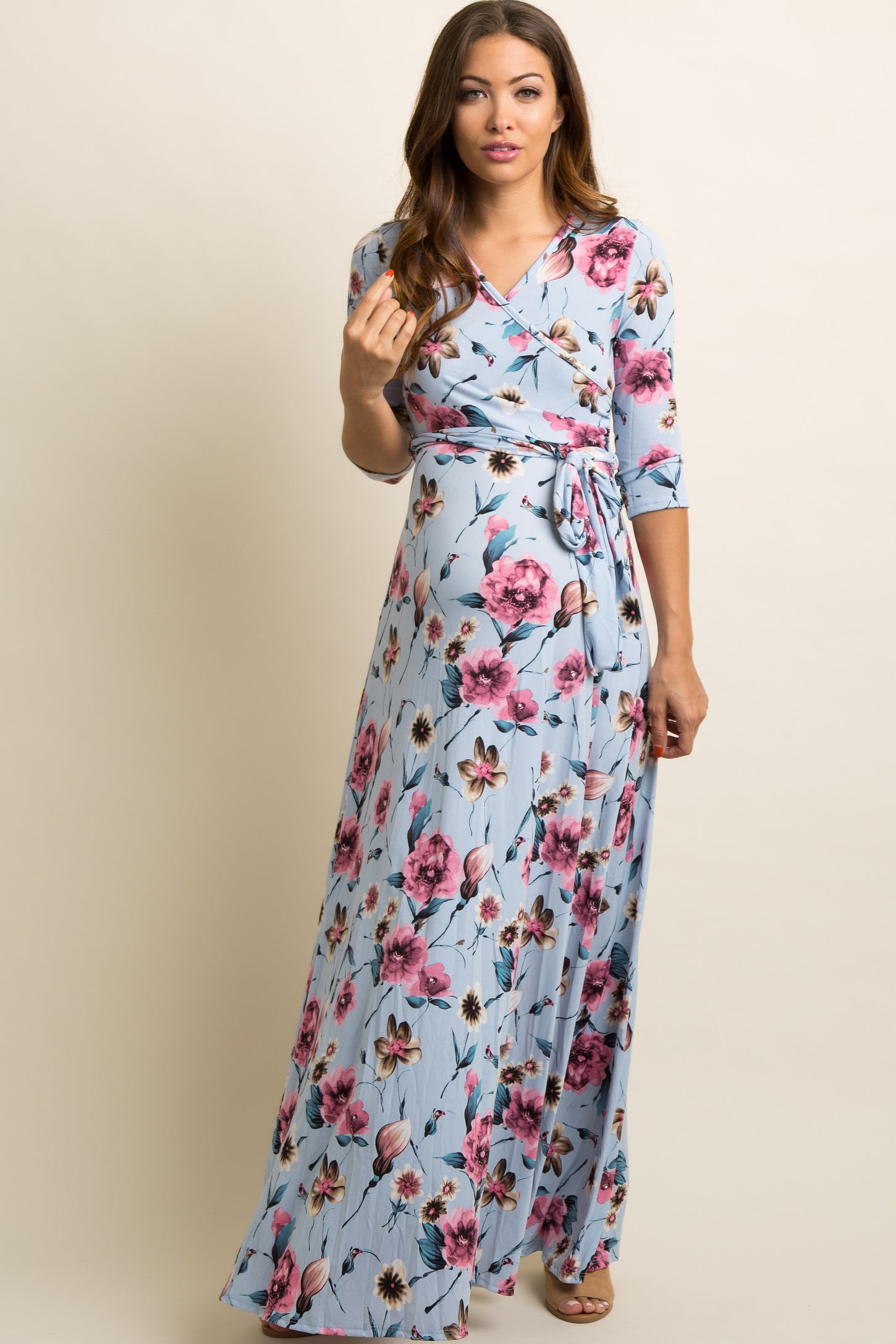 Blue Floral Maternity/Nursing Maxi Wrap Dress