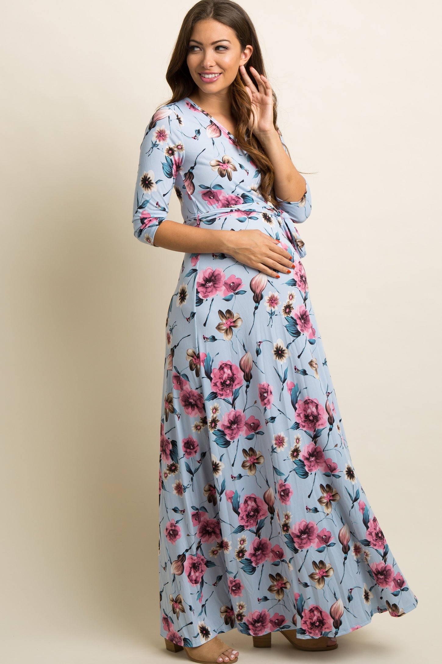 Blue Floral Maternity/Nursing Maxi Wrap Dress