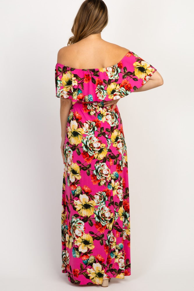 Fuchsia Floral Off Shoulder Maternity Maxi Dress
