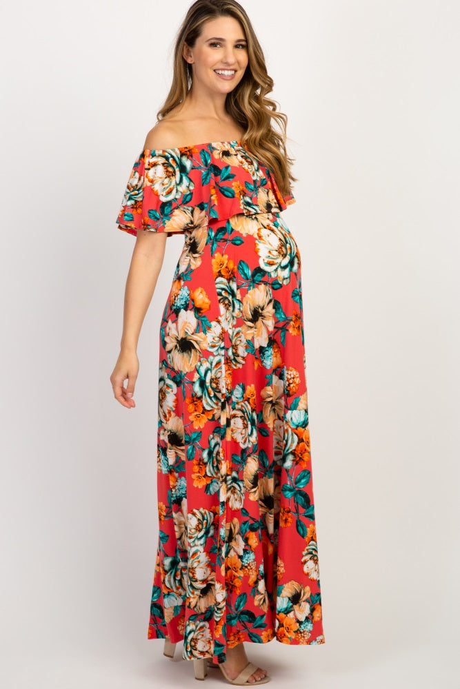 PinkBlush Coral Floral Off Shoulder Maternity Maxi Dress