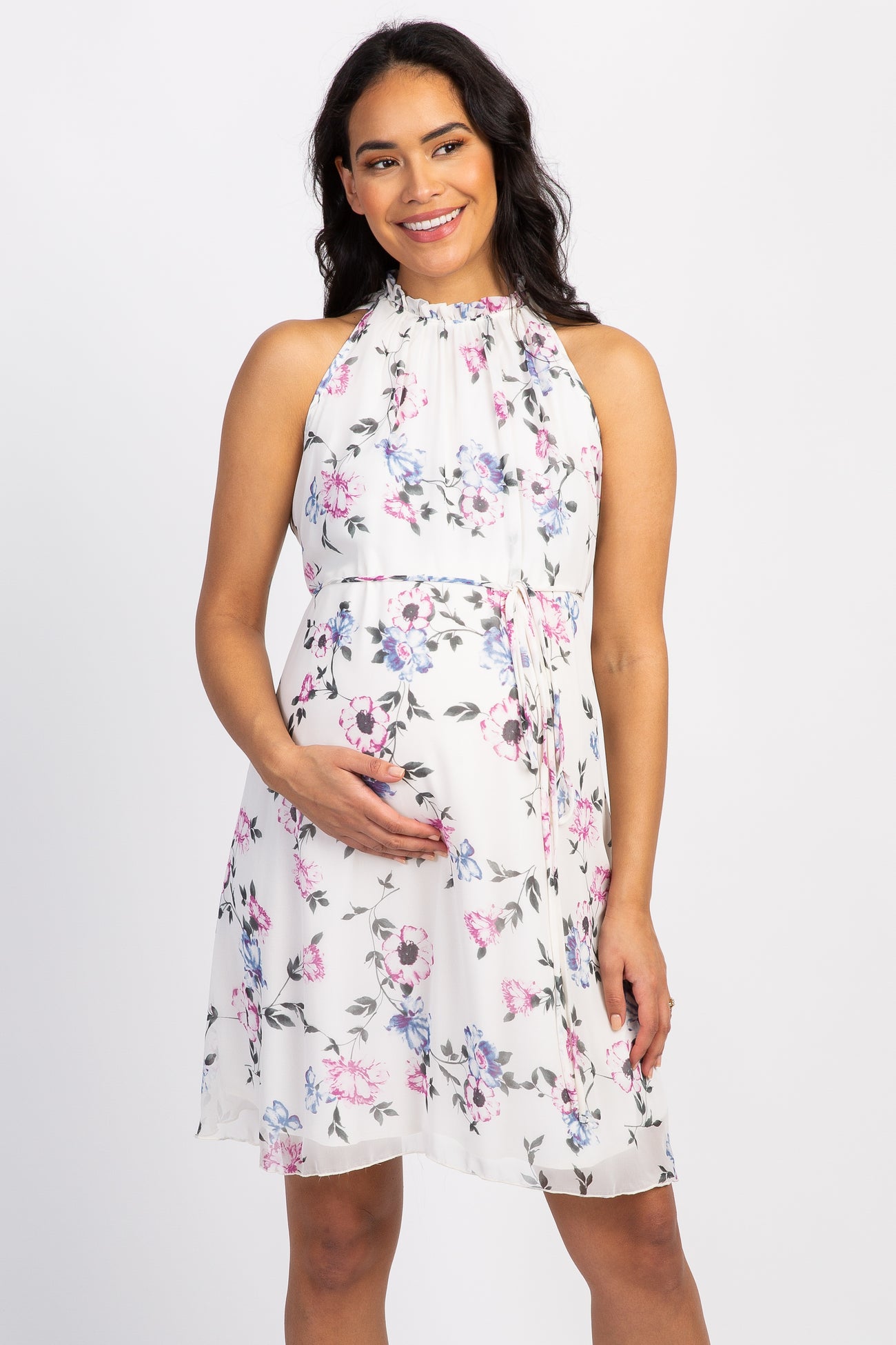 Ivory Floral Chiffon High Neck Maternity Dress – PinkBlush