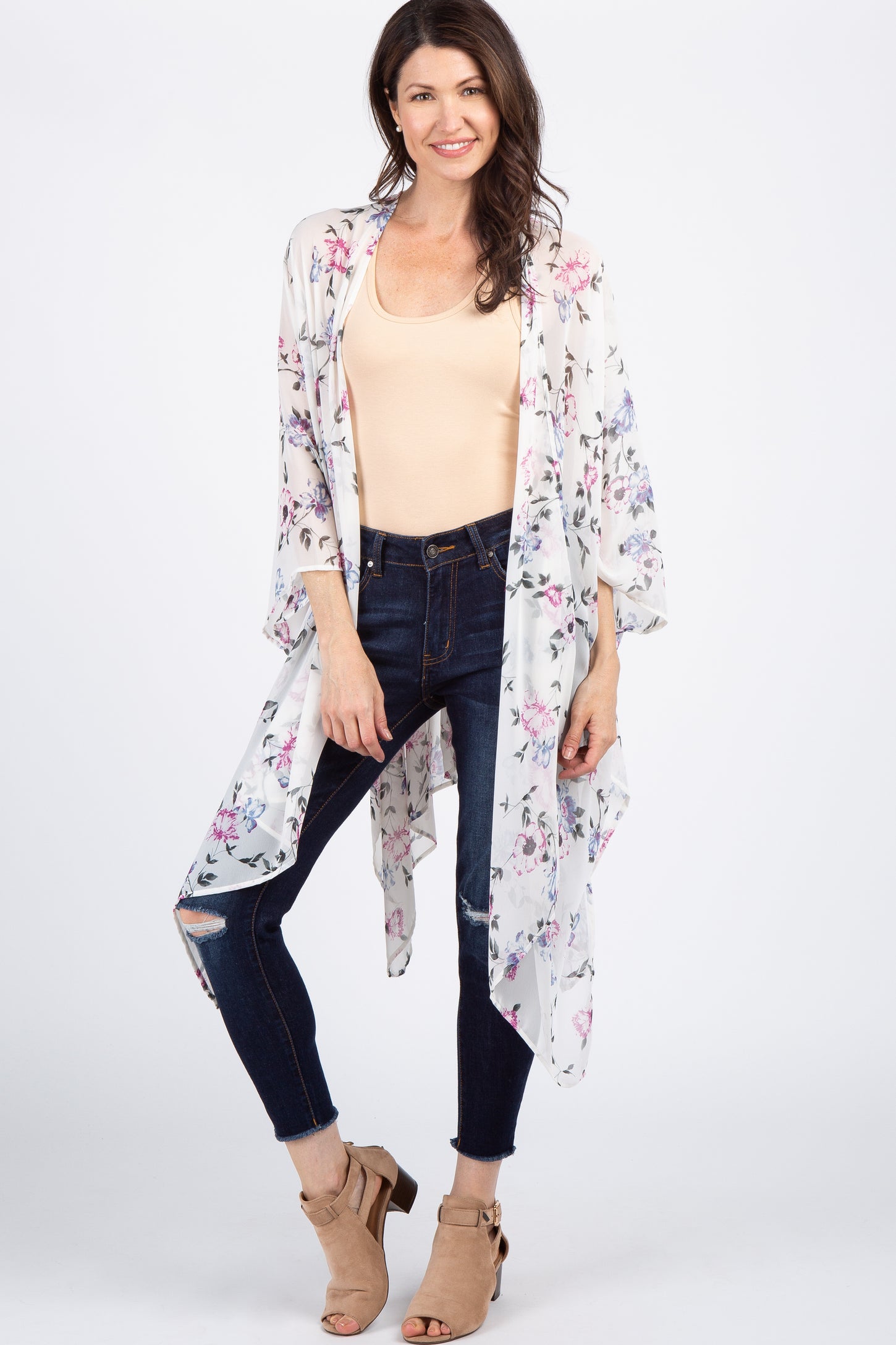 Ivory Floral Chiffon Oversized Cover Up