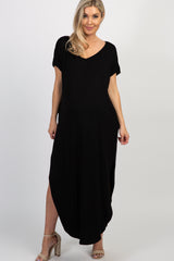 Black Basic V Neck Maternity Maxi Dress