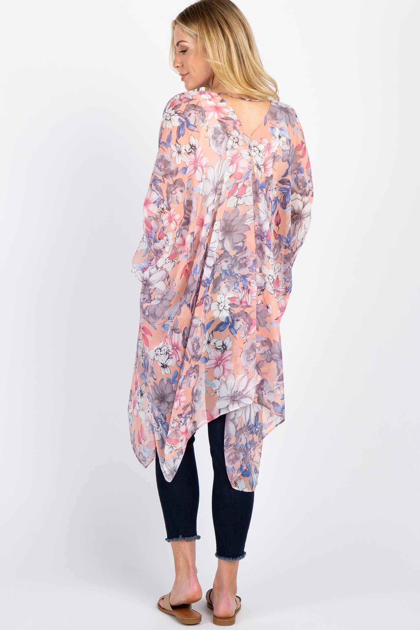 Peach Floral Chiffon Oversized Cover Up