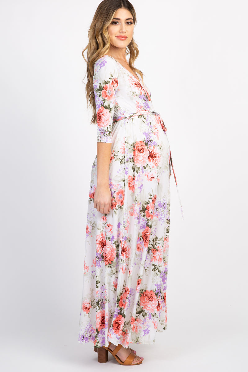 PinkBlush White Floral Maternity/Nursing Wrap Maxi Dress