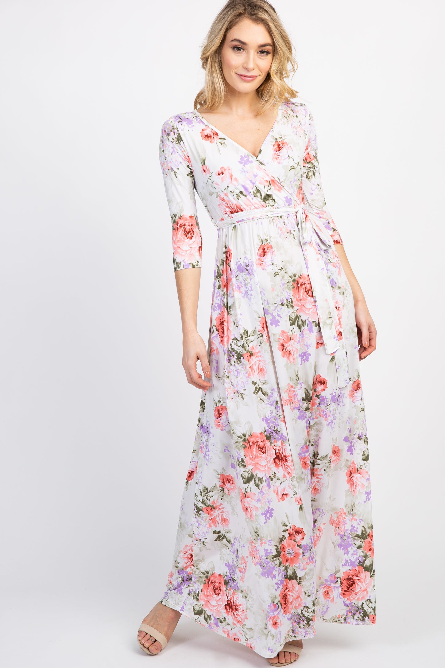 PinkBlush White Floral Maternity/Nursing Wrap Maxi Dress