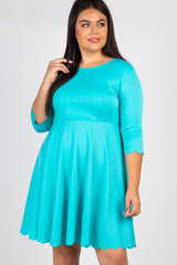 Aqua Solid Scalloped Hemline Maternity Plus Dress